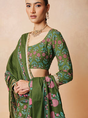 Women Olive Floral Round Neck Crop Top With Anarkali Skirt & Dupatta