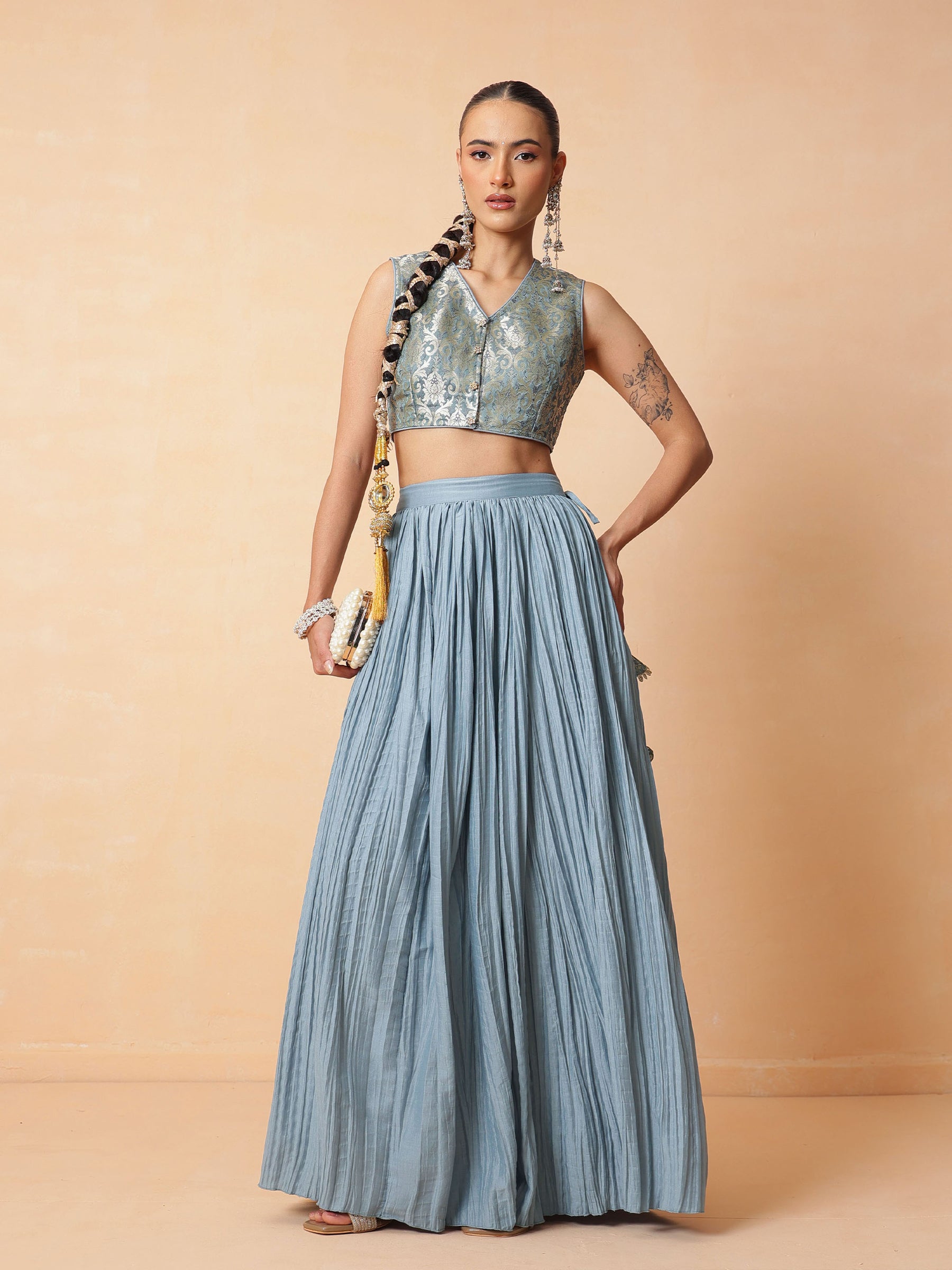 Powder Blue Brocade Sleeveless Crop Top With Pleated Skirt -Luxe - Shae by SASSAFRAS
