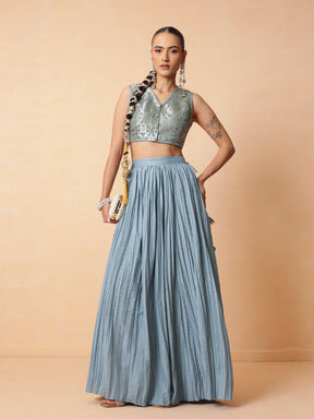 Powder Blue Brocade Sleeveless Crop Top With Pleated Skirt -Luxe - Shae by SASSAFRAS