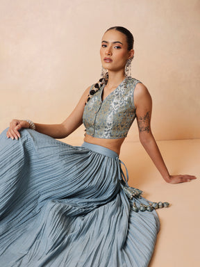 Women Powder Blue Brocade Sleeveless Crop Top With Pleated Skirt
