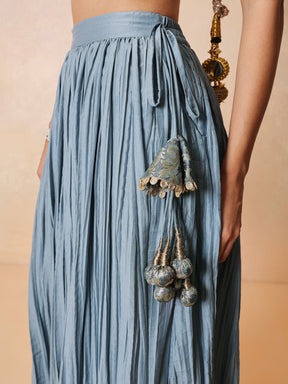 Women Powder Blue Brocade Sleeveless Crop Top With Pleated Skirt