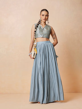 Women Powder Blue Brocade Sleeveless Crop Top With Pleated Skirt