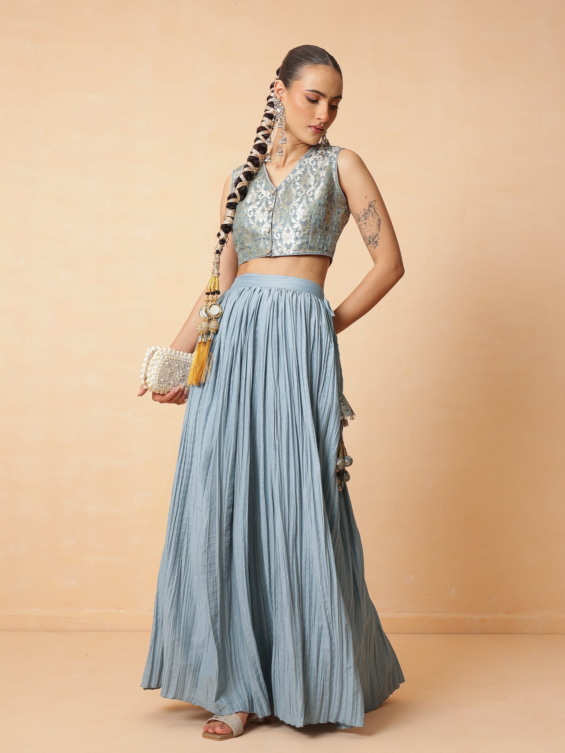 Powder Blue Brocade Sleeveless Crop Top With Pleated Skirt -Shae by SASSAFRAS