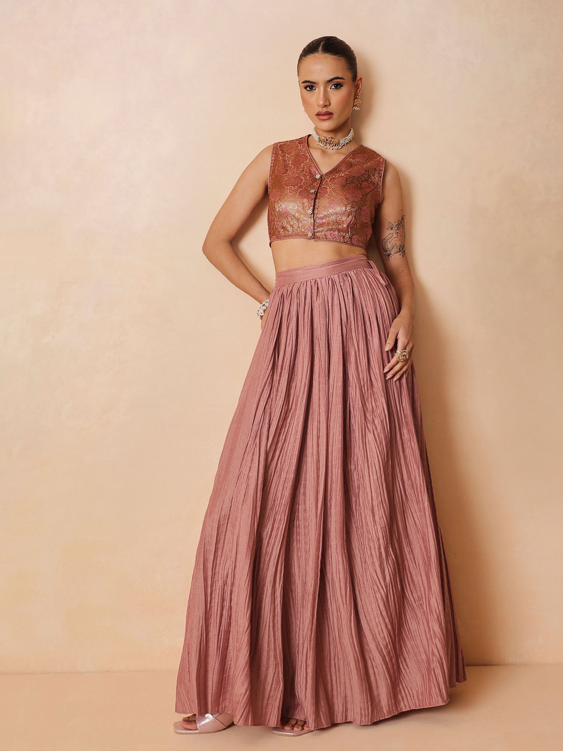 Onion Pink Brocade Sleeveless Crop Top With Pleated Skirt -Luxe - Shae by SASSAFRAS