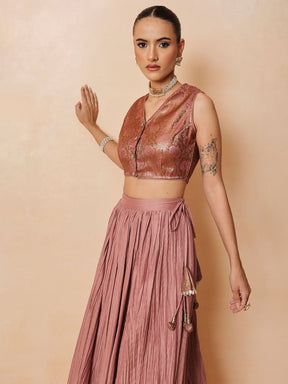 Onion Pink Brocade Sleeveless Crop Top With Pleated Skirt -Luxe - Shae by SASSAFRAS