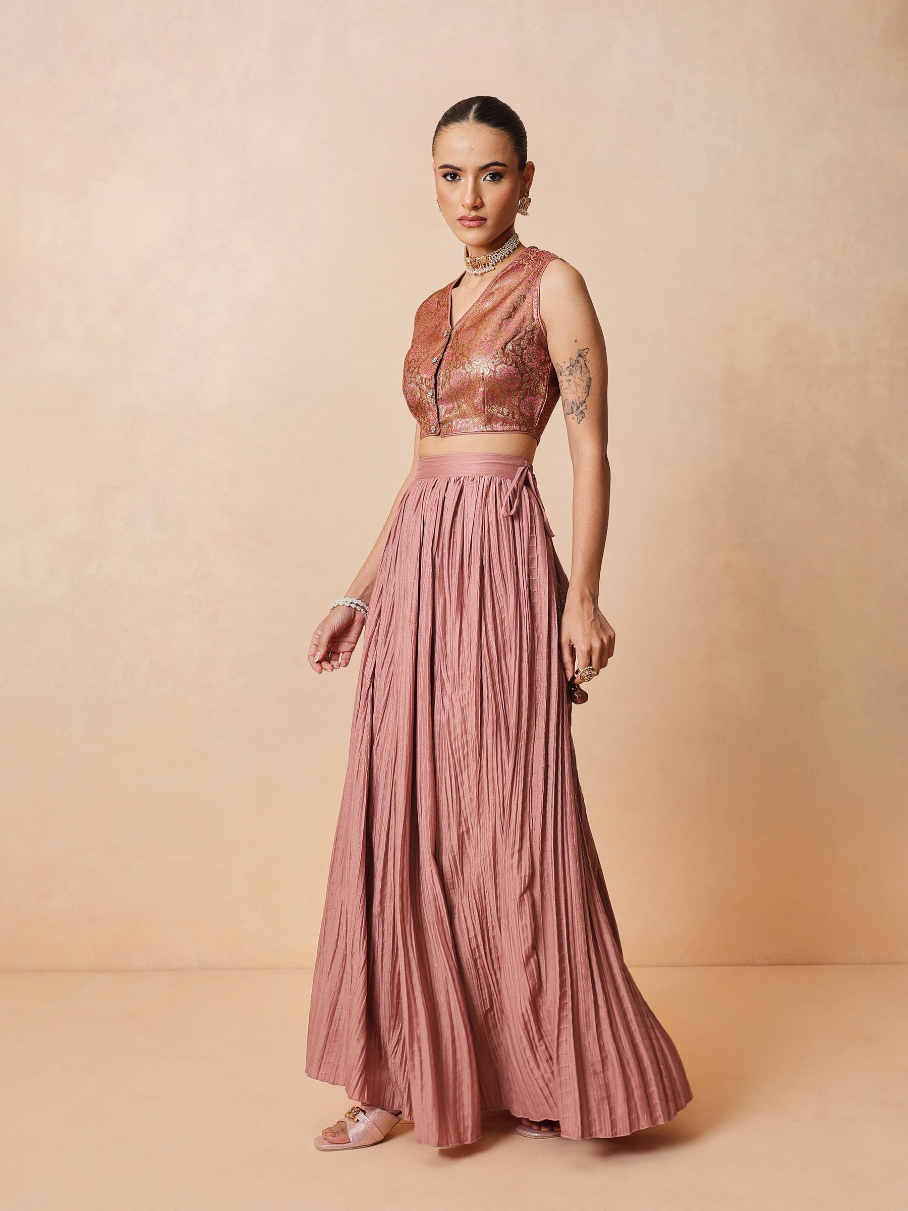 Women Onion Pink Brocade Sleeveless Crop Top With Pleated Skirt