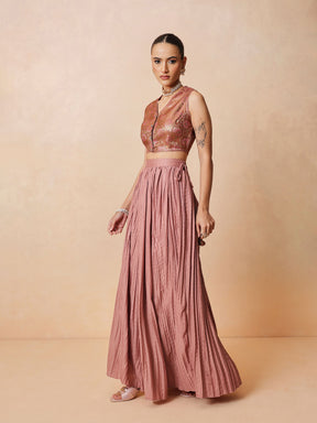 Onion Pink Brocade Sleeveless Crop Top With Pleated Skirt -Luxe - Shae by SASSAFRAS