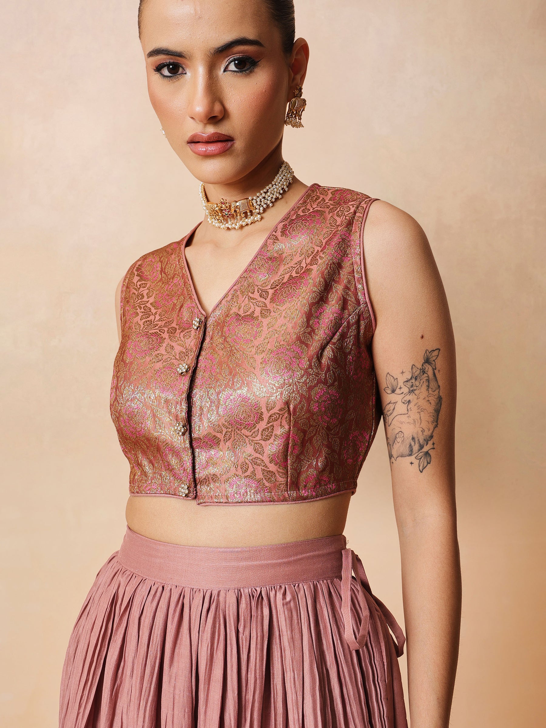 Women Onion Pink Brocade Sleeveless Crop Top With Pleated Skirt