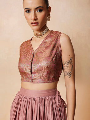 Women Onion Pink Brocade Sleeveless Crop Top With Pleated Skirt