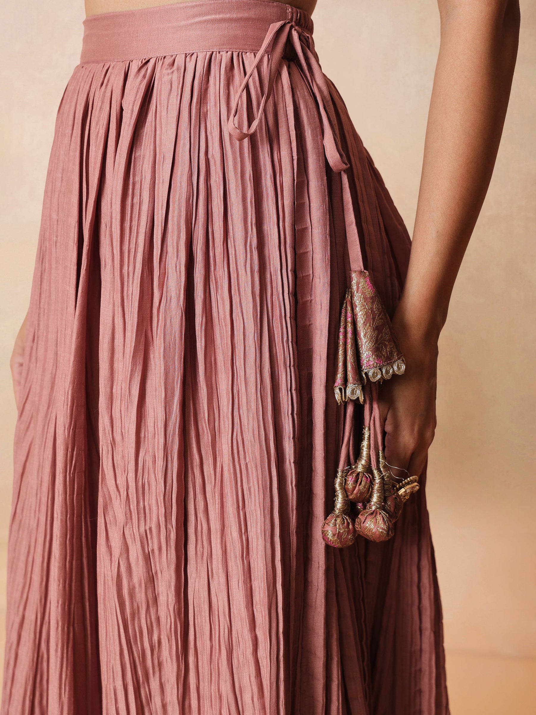 Women Onion Pink Brocade Sleeveless Crop Top With Pleated Skirt