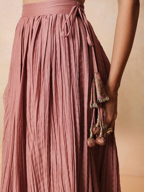 Women Onion Pink Brocade Sleeveless Crop Top With Pleated Skirt