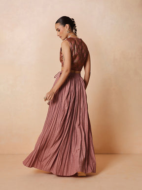 Women Onion Pink Brocade Sleeveless Crop Top With Pleated Skirt