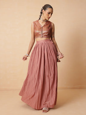 Women Onion Pink Brocade Sleeveless Crop Top With Pleated Skirt