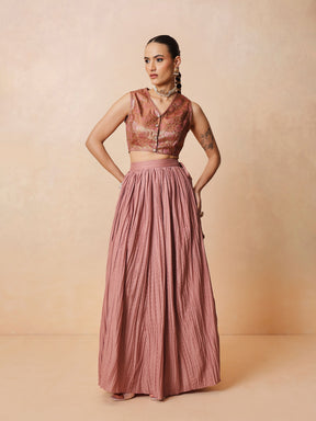 Women Onion Pink Brocade Sleeveless Crop Top With Pleated Skirt