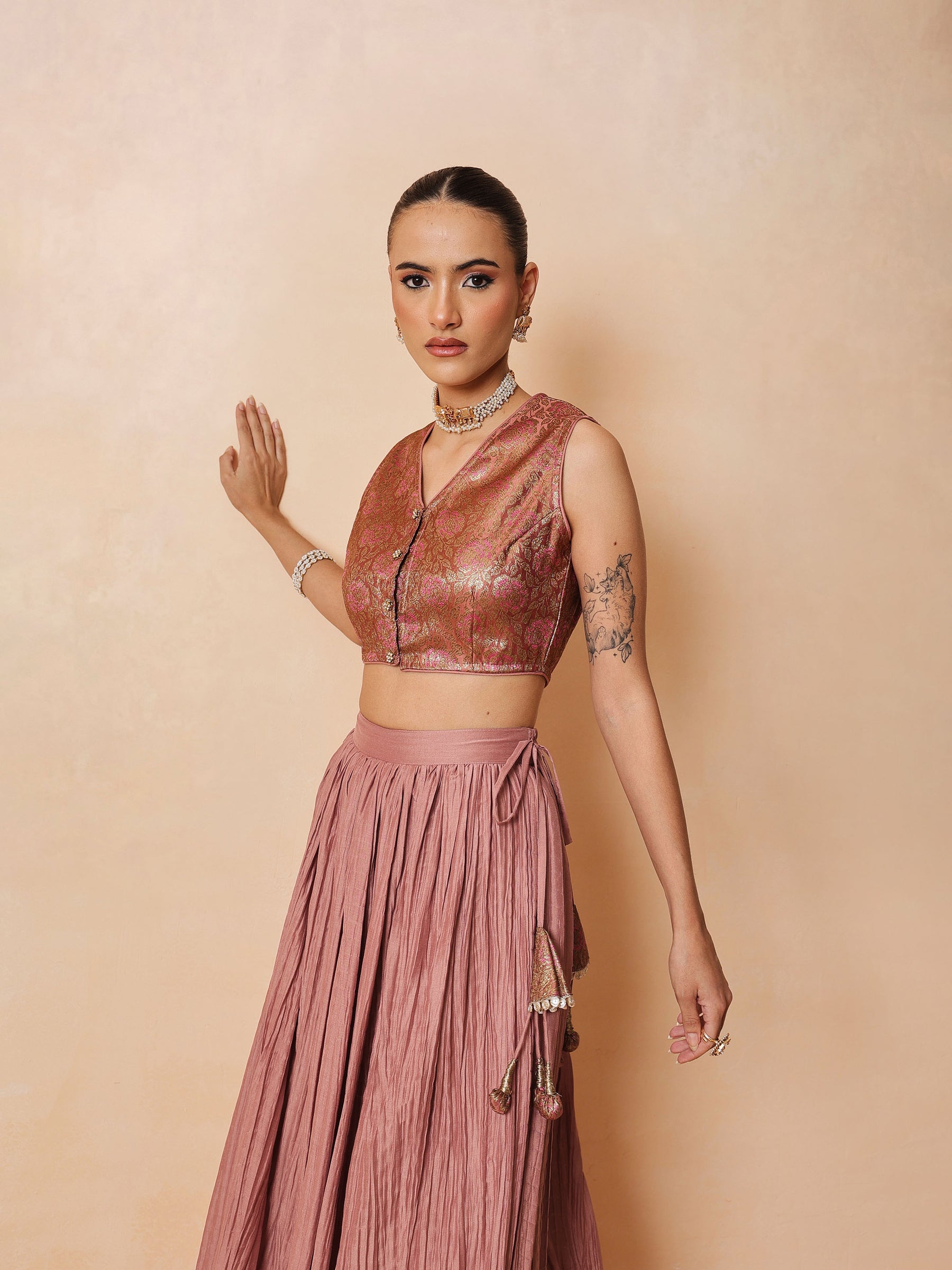 Women Onion Pink Brocade Sleeveless Crop Top With Pleated Skirt