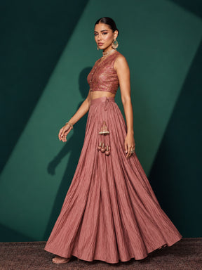 Onion Pink Brocade Sleeveless Crop Top With Pleated Skirt -Shae by SASSAFRAS