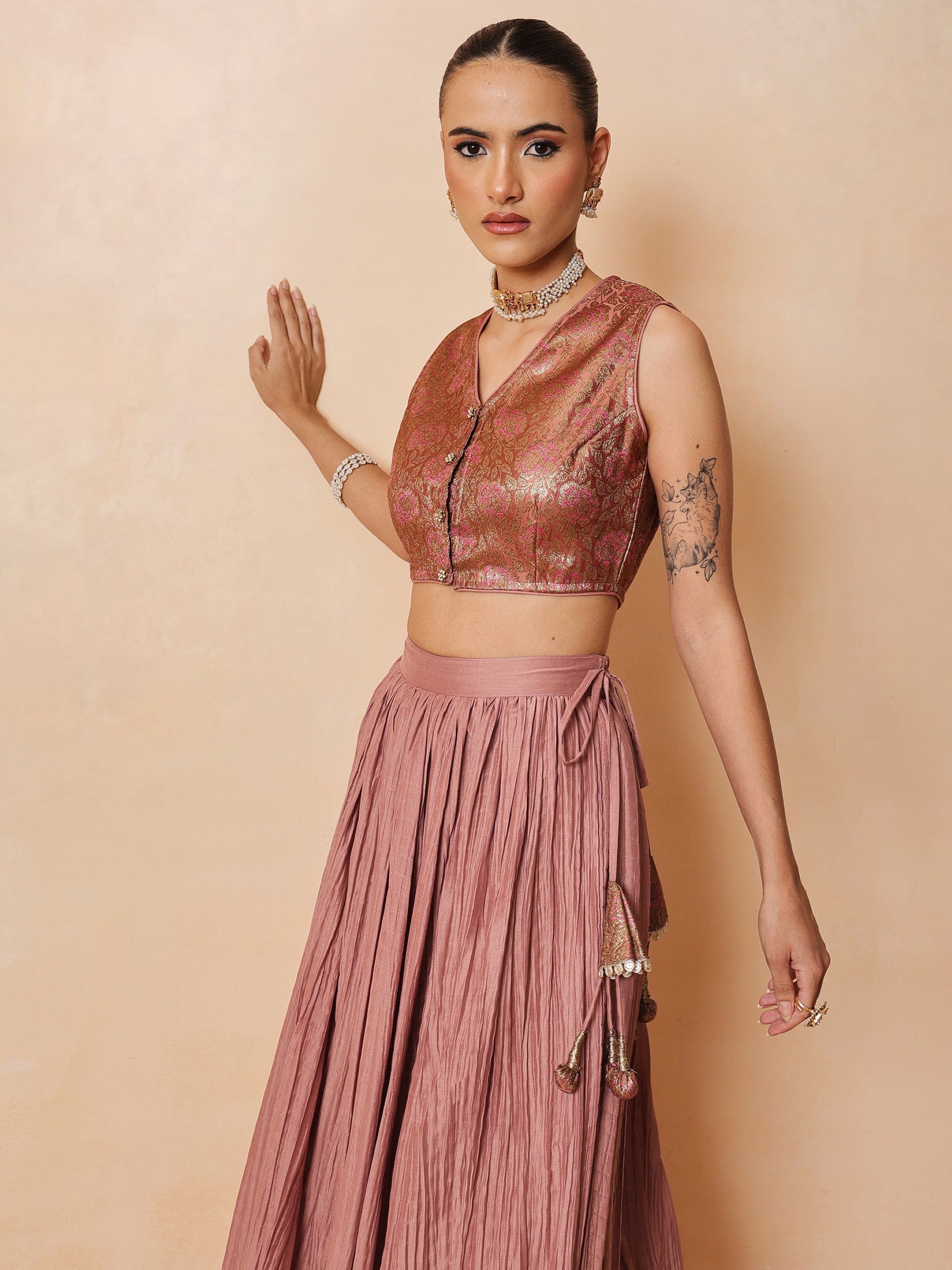 Onion Pink Brocade Sleeveless Crop Top With Pleated Skirt -Shae by SASSAFRAS