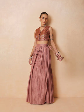 Onion Pink Brocade Sleeveless Crop Top With Pleated Skirt -Shae by SASSAFRAS