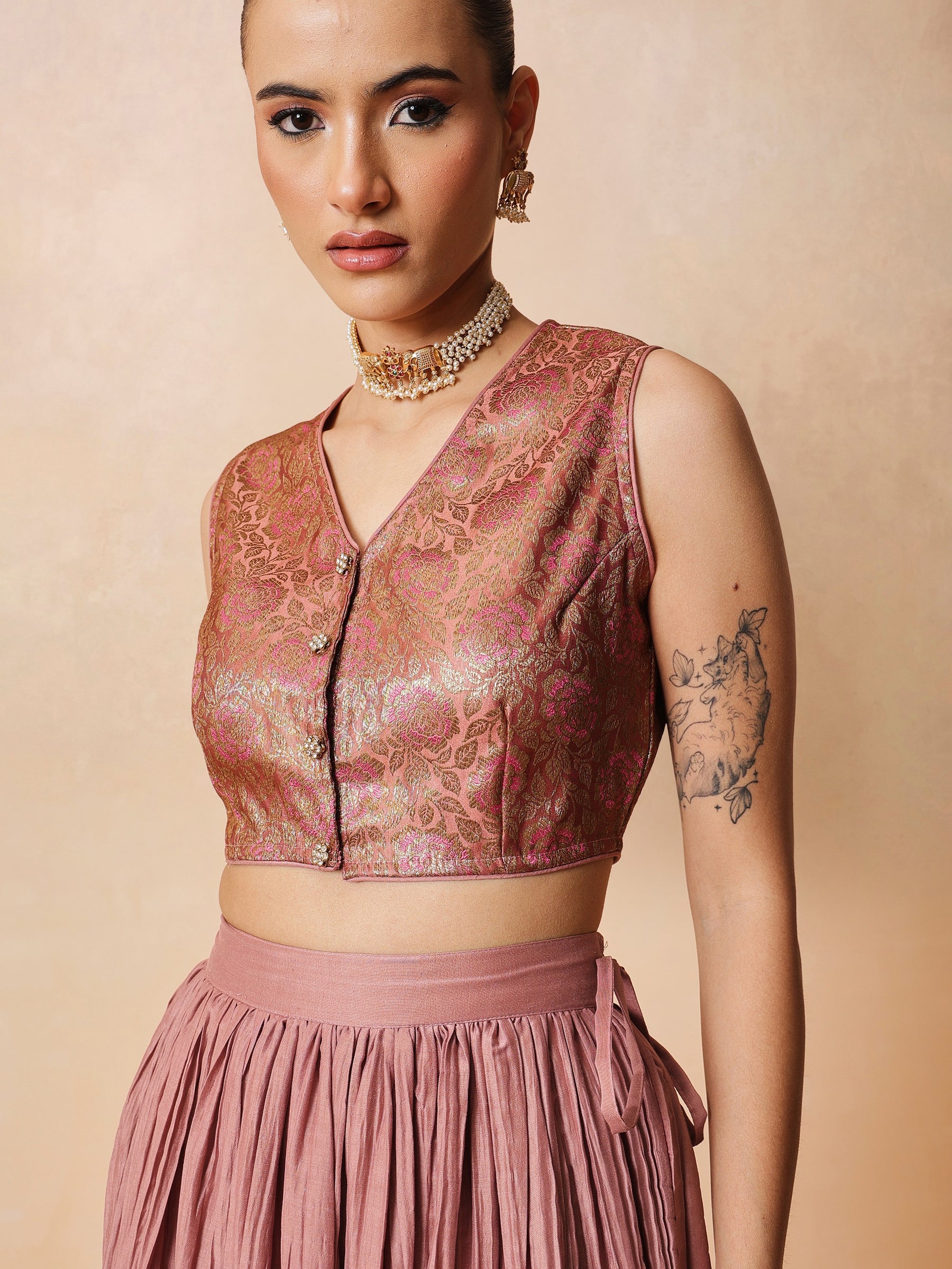 Onion Pink Brocade Sleeveless Crop Top With Pleated Skirt -Shae by SASSAFRAS