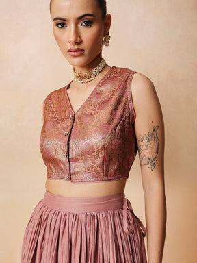 Onion Pink Brocade Sleeveless Crop Top With Pleated Skirt -Shae by SASSAFRAS