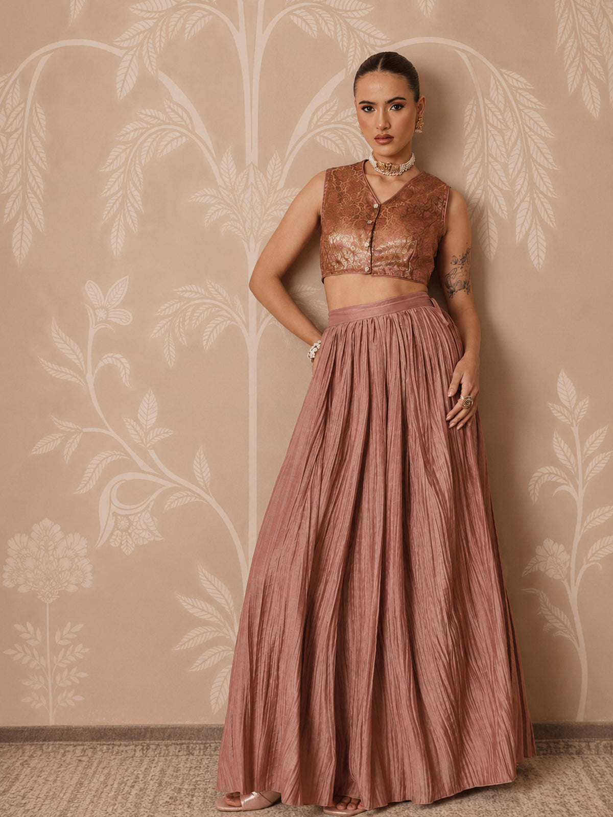 Women Onion Pink Brocade Sleeveless Crop Top With Pleated Skirt