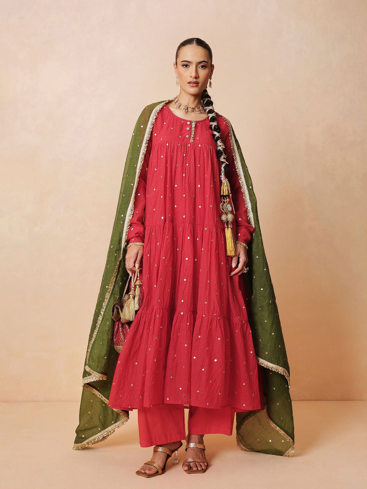 Red Chanderi Tiered Kurta With Straight Pants & Dupatta-Luxe - Shae by SASSAFRAS