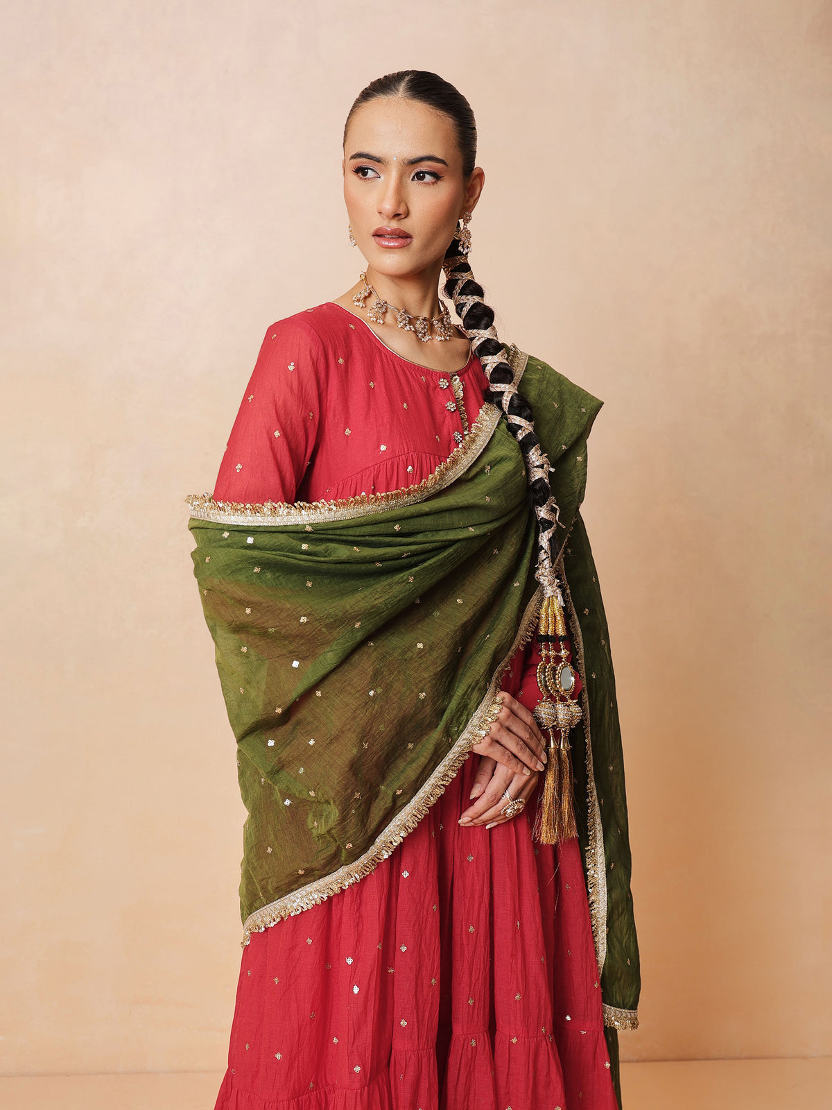 Women Red Chanderi Tiered Kurta With Straight Pants & Dupatta