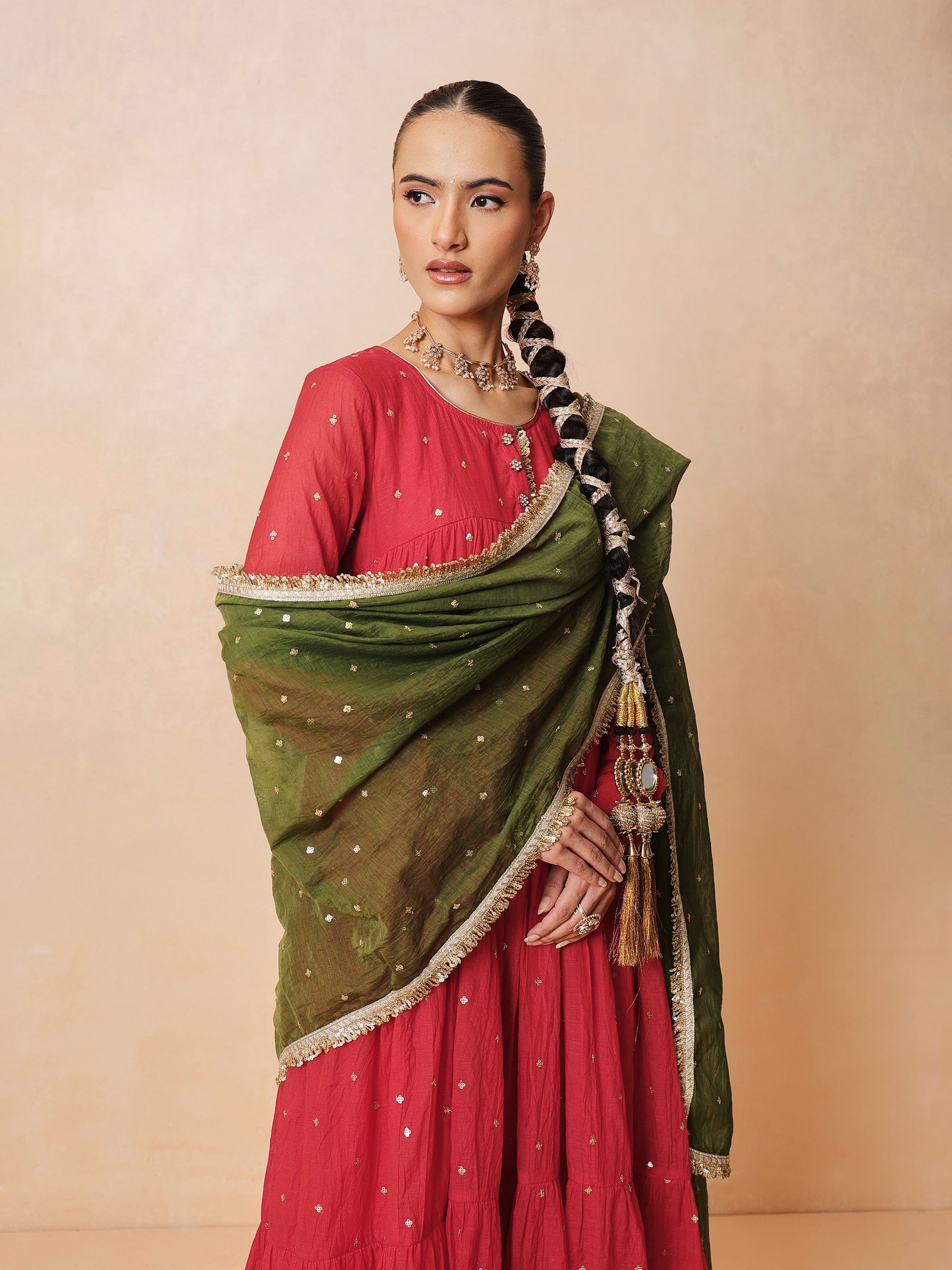 Women Red Chanderi Tiered Kurta With Straight Pants & Dupatta
