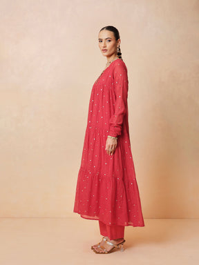 Women Red Chanderi Tiered Kurta With Straight Pants & Dupatta