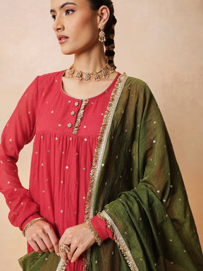 Women Red Chanderi Tiered Kurta With Straight Pants & Dupatta