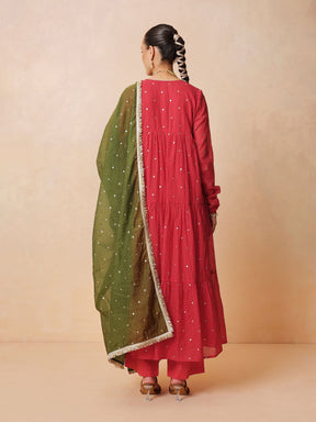 Women Red Chanderi Tiered Kurta With Straight Pants & Dupatta