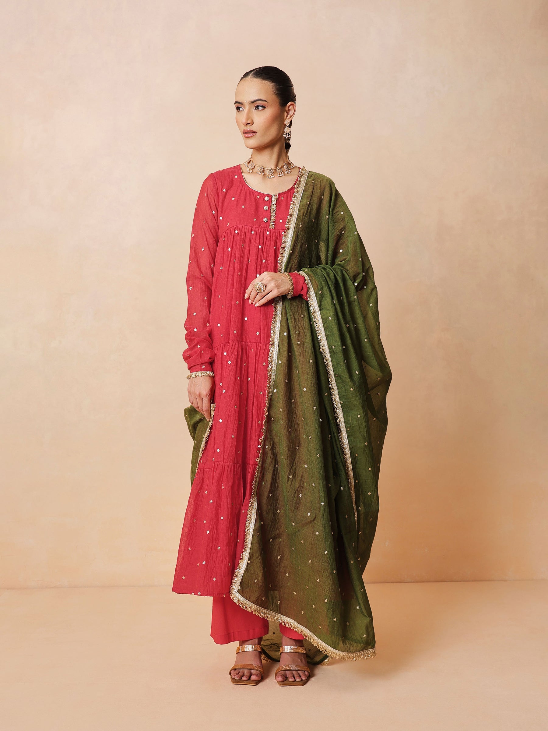 Women Red Chanderi Tiered Kurta With Straight Pants & Dupatta