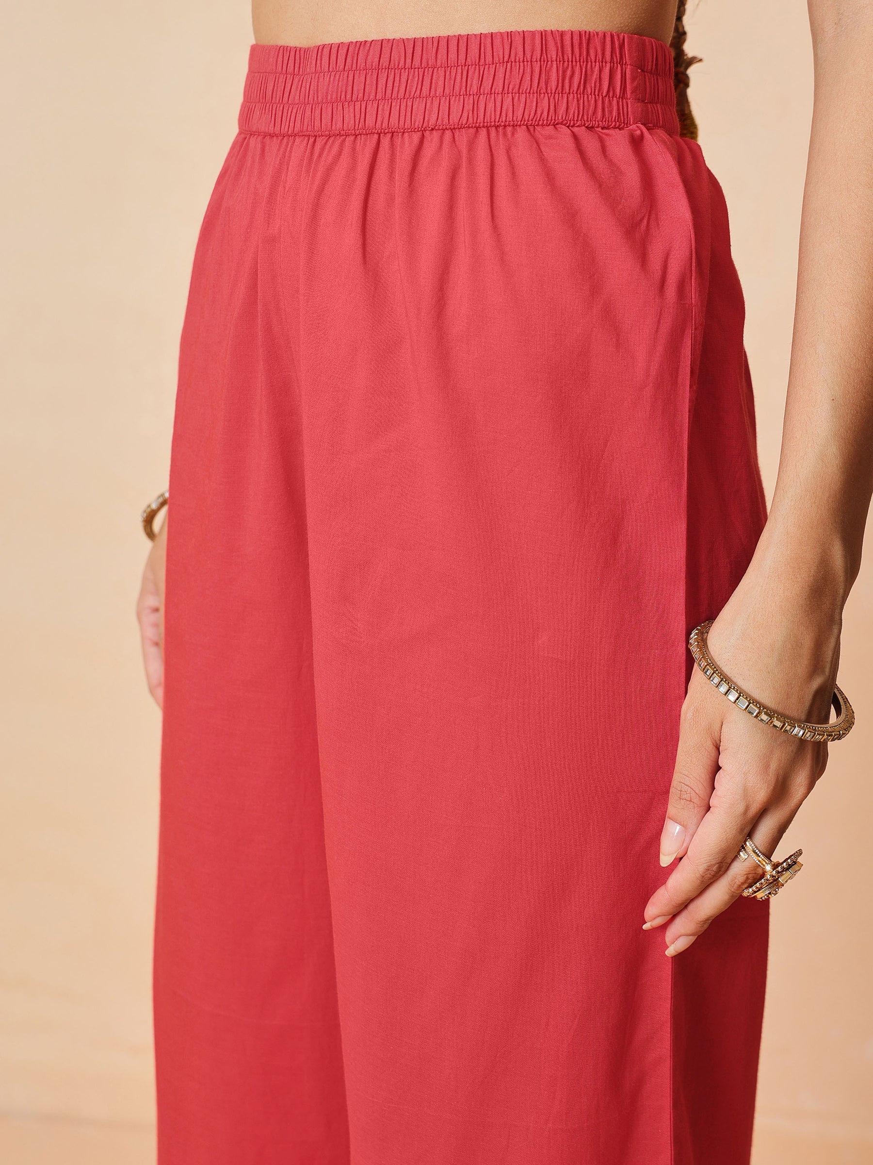Women Red Chanderi Tiered Kurta With Straight Pants & Dupatta
