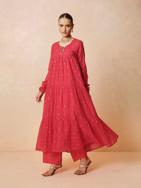 Women Red Chanderi Tiered Kurta With Straight Pants & Dupatta