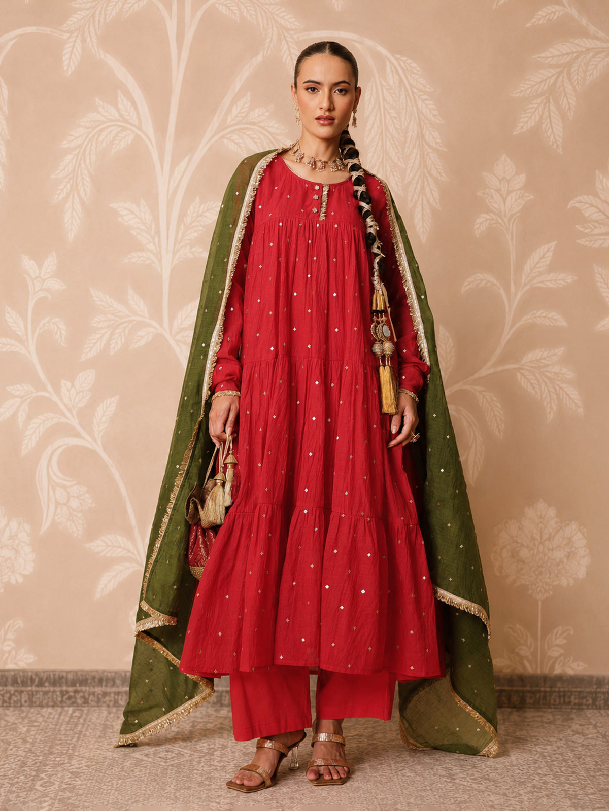Women Red Chanderi Tiered Kurta With Straight Pants & Dupatta