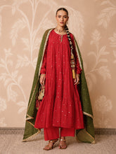 Women Red Chanderi Tiered Kurta With Straight Pants & Dupatta