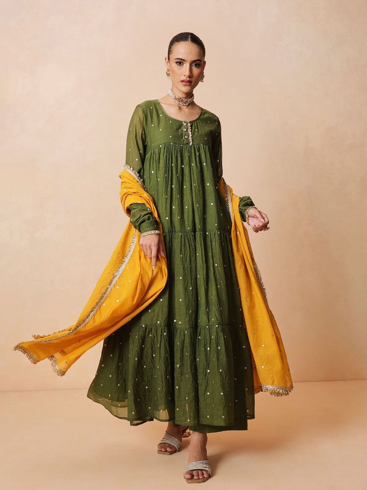 Olive Chanderi Tiered Kurta With Straight Pants & Dupatta-Luxe - Shae by SASSAFRAS