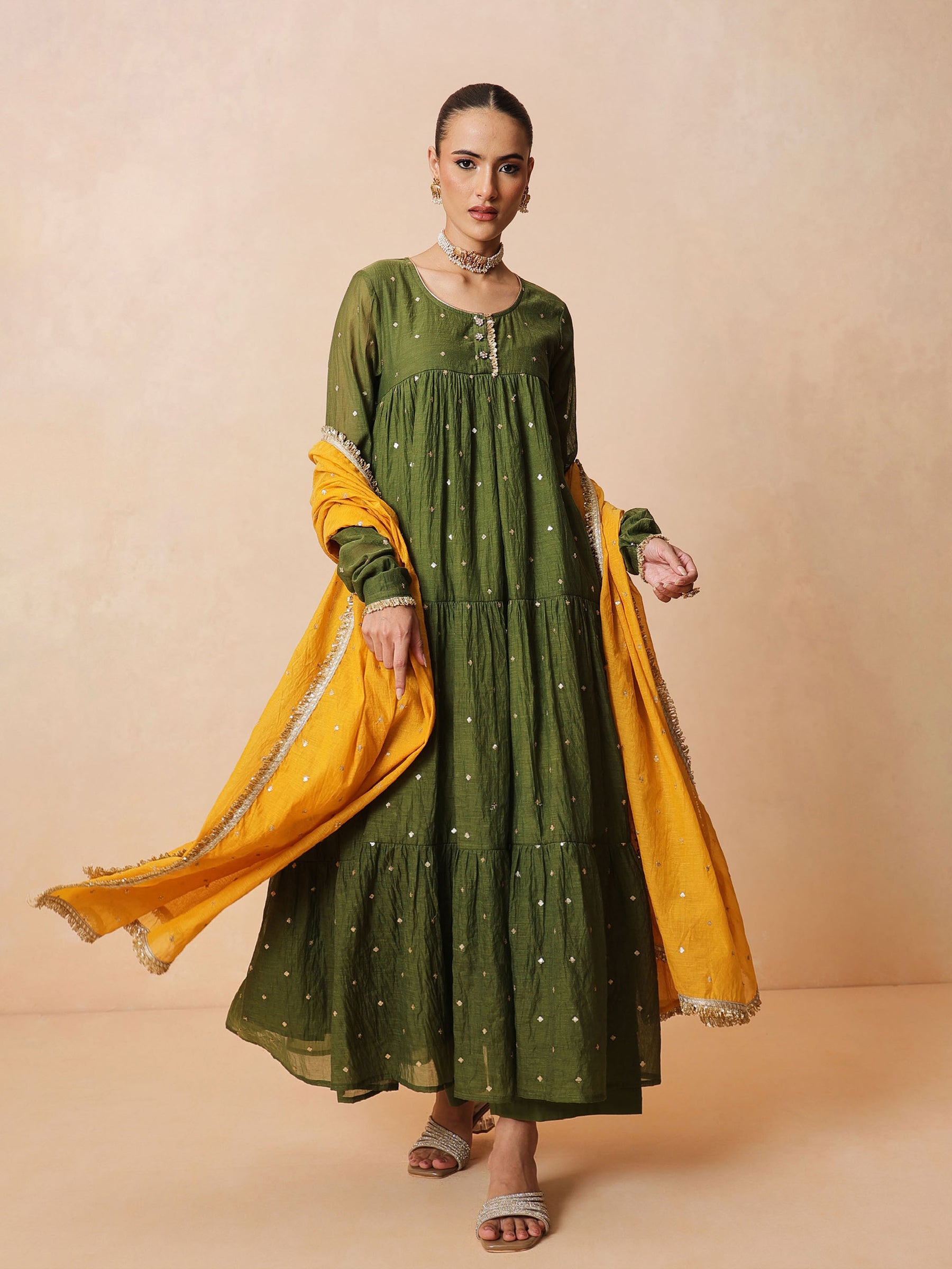 Olive Chanderi Tiered Kurta With Straight Pants & Dupatta-Luxe - Shae by SASSAFRAS