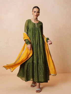 Olive Chanderi Tiered Kurta With Straight Pants & Dupatta-Luxe - Shae by SASSAFRAS