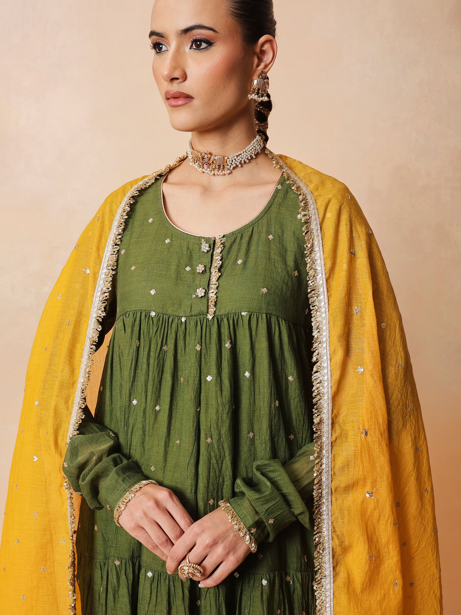 Women Olive Chanderi Tiered Kurta With Straight Pants & Dupatta