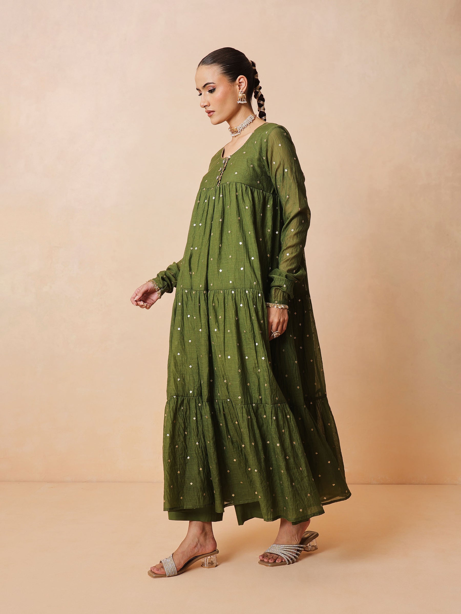 Olive Chanderi Tiered Kurta With Straight Pants & Dupatta-Luxe - Shae by SASSAFRAS