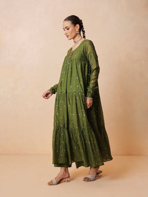 Women Olive Chanderi Tiered Kurta With Straight Pants & Dupatta