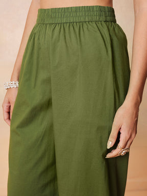 Olive Chanderi Tiered Kurta With Straight Pants & Dupatta-Luxe - Shae by SASSAFRAS