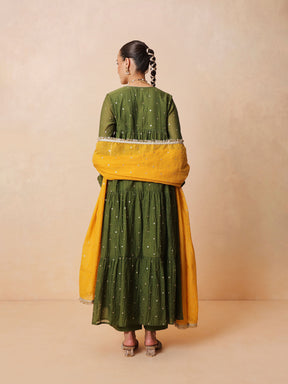 Olive Chanderi Tiered Kurta With Straight Pants & Dupatta-Luxe - Shae by SASSAFRAS