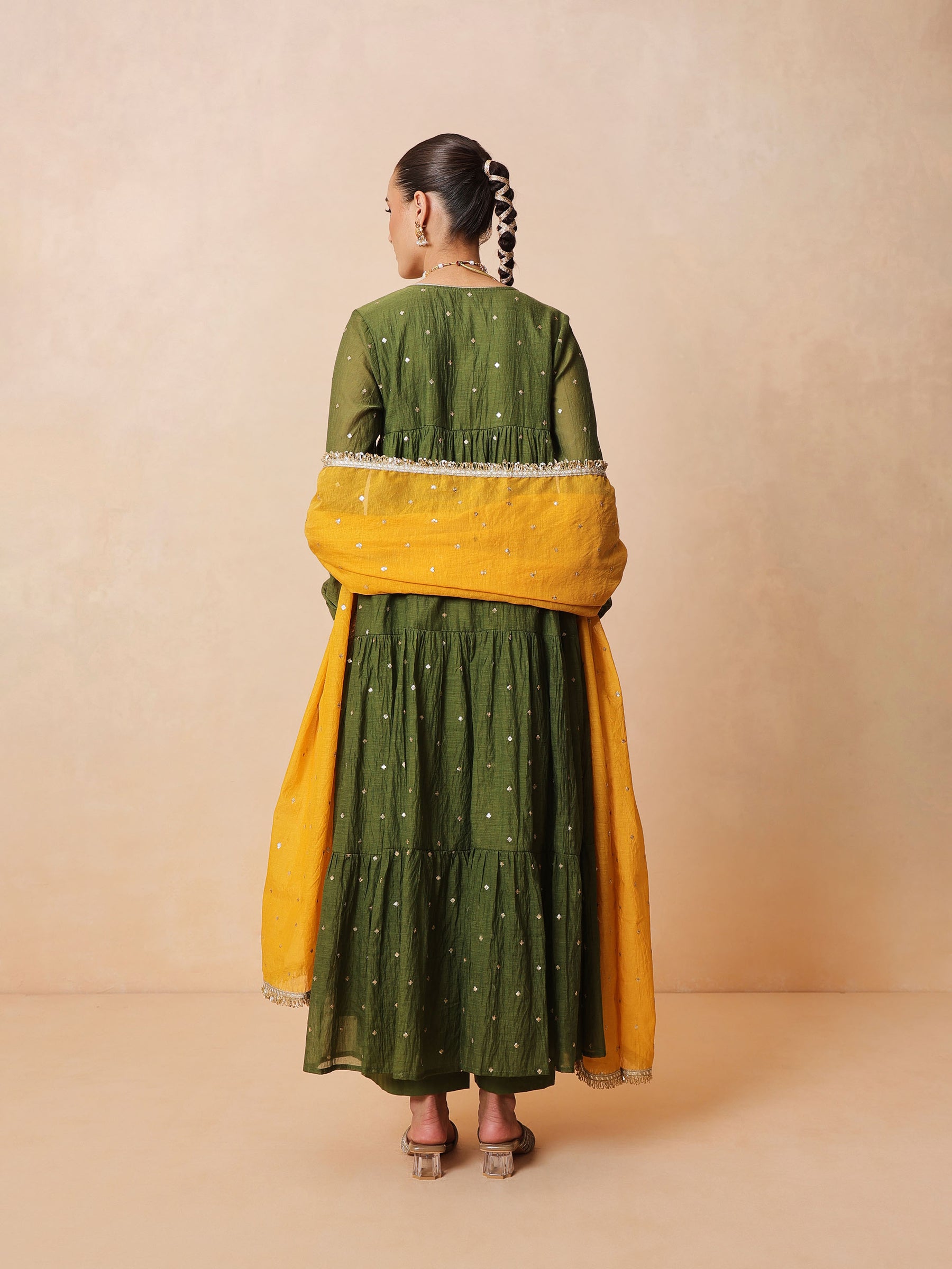 Women Olive Chanderi Tiered Kurta With Straight Pants & Dupatta