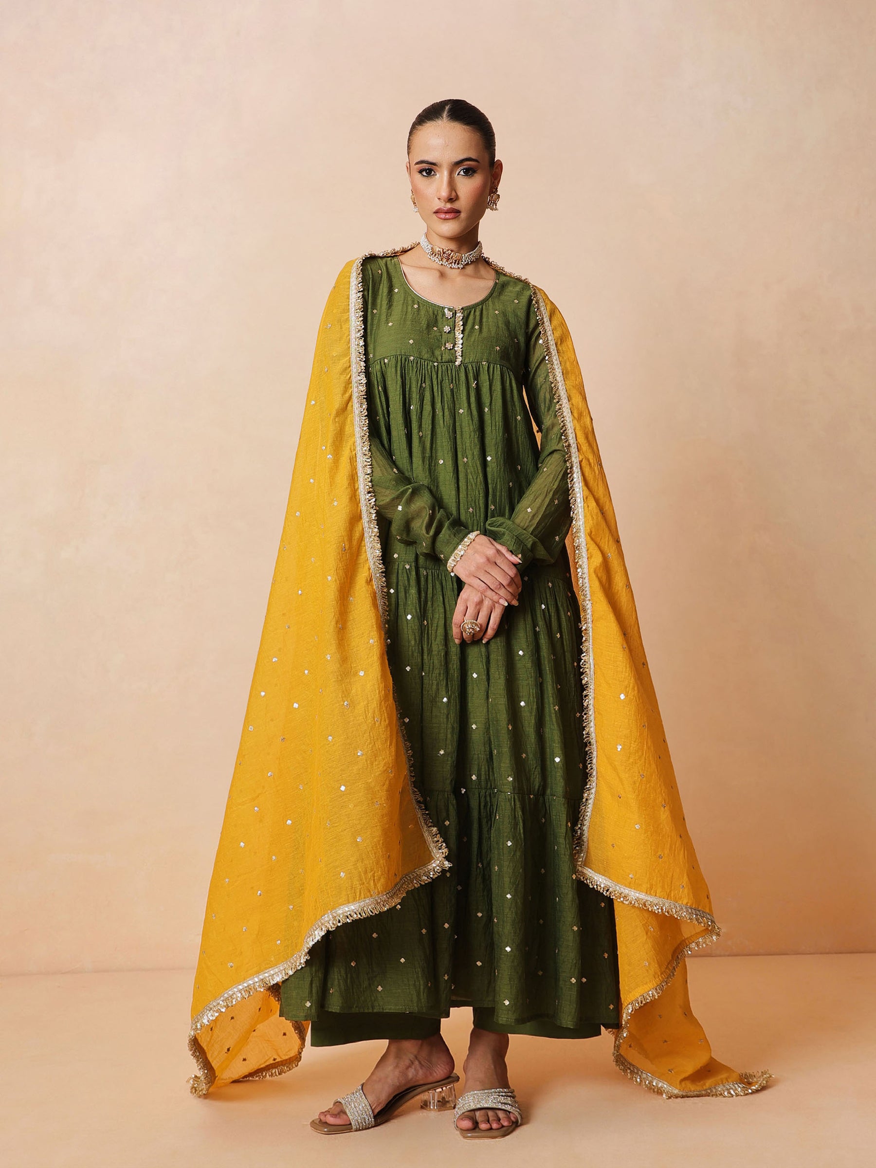 Women Olive Chanderi Tiered Kurta With Straight Pants & Dupatta