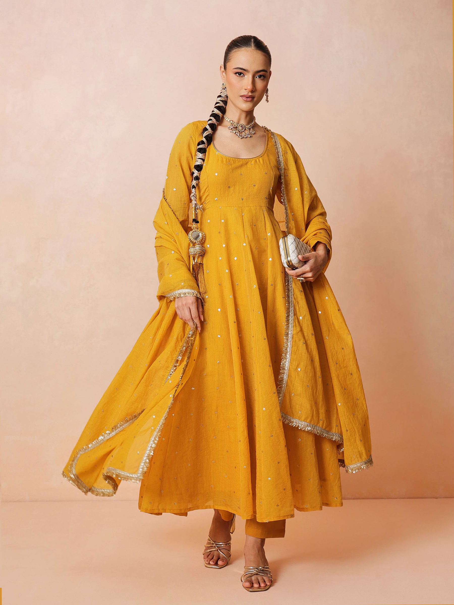 Yellow Chanderi Anarkali Kurta With Straight Pants & Dupatta-Luxe - Shae by SASSAFRAS