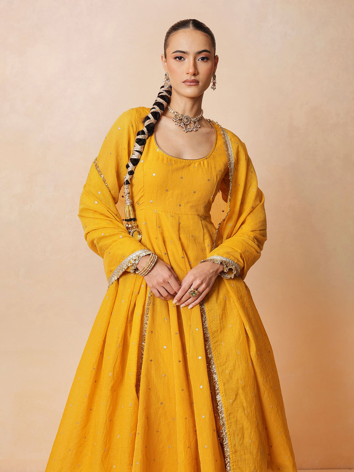 Yellow Chanderi Anarkali Kurta With Straight Pants & Dupatta-Luxe - Shae by SASSAFRAS