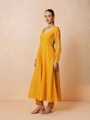 Yellow Chanderi Anarkali Kurta With Straight Pants & Dupatta-Luxe - Shae by SASSAFRAS