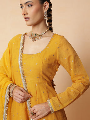 Yellow Chanderi Anarkali Kurta With Straight Pants & Dupatta-Luxe - Shae by SASSAFRAS